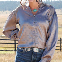 Cruel Women's Satin L/S Western Print Button Down Shirt in Silver