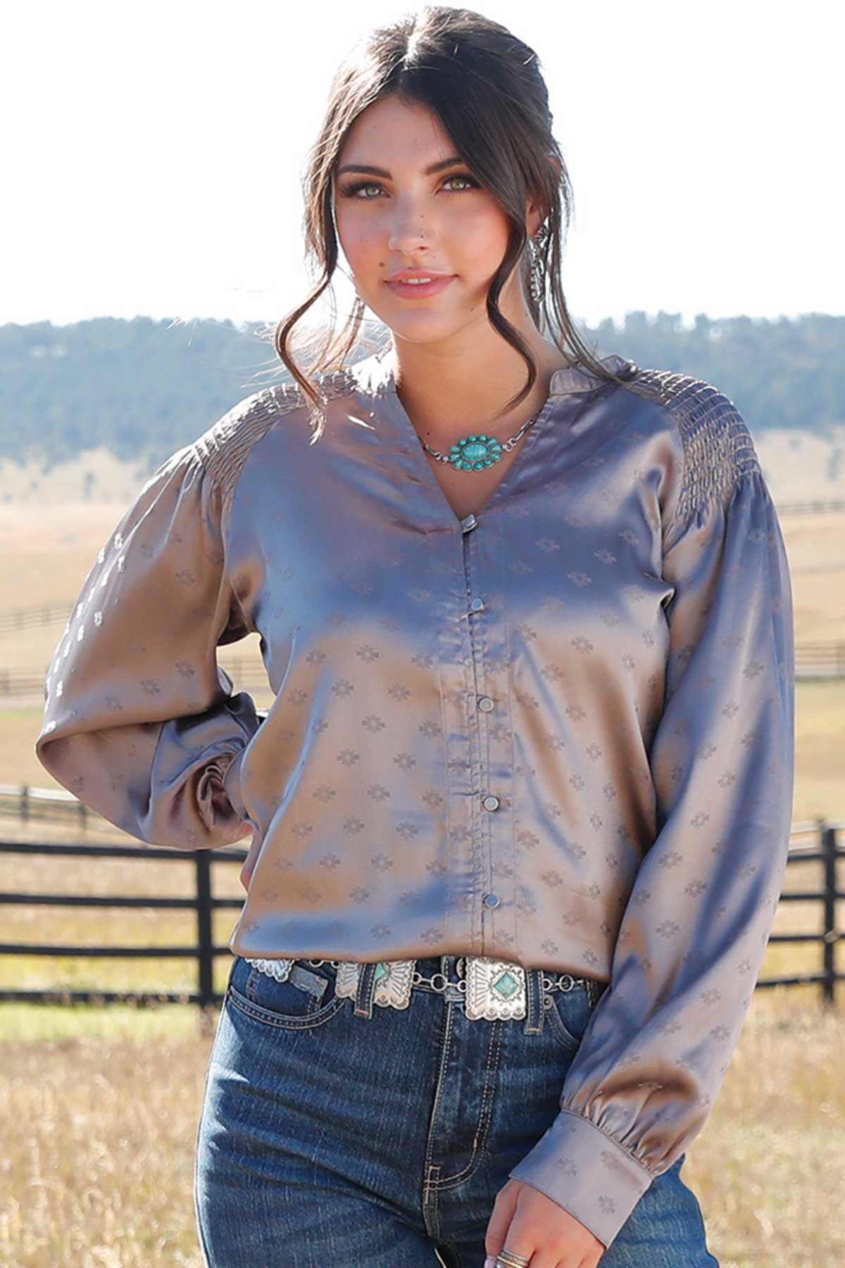 Cruel Women's Satin L/S Western Print Button Down Shirt in Silver