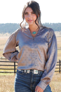 Cruel Women's Satin L/S Western Print Button Down Shirt in Silver