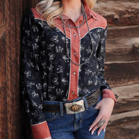 Cruel Women's L/S Horse Print Western Snap Shirt in Black