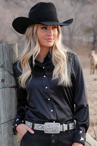 Cruel Women's L/S Satin Western Snap Shirt in Black