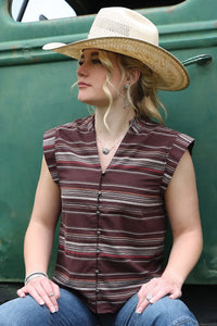 Cruel Women's Button Front Blouse in Brown Stripe