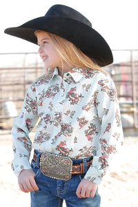 Cruel Girl's L/S Cowboy Print Western Snap Shirt in Light Blue