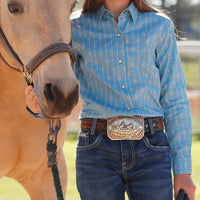 Cruel Girl's L/S Floral Stripe Western Snap Shirt in Light Blue