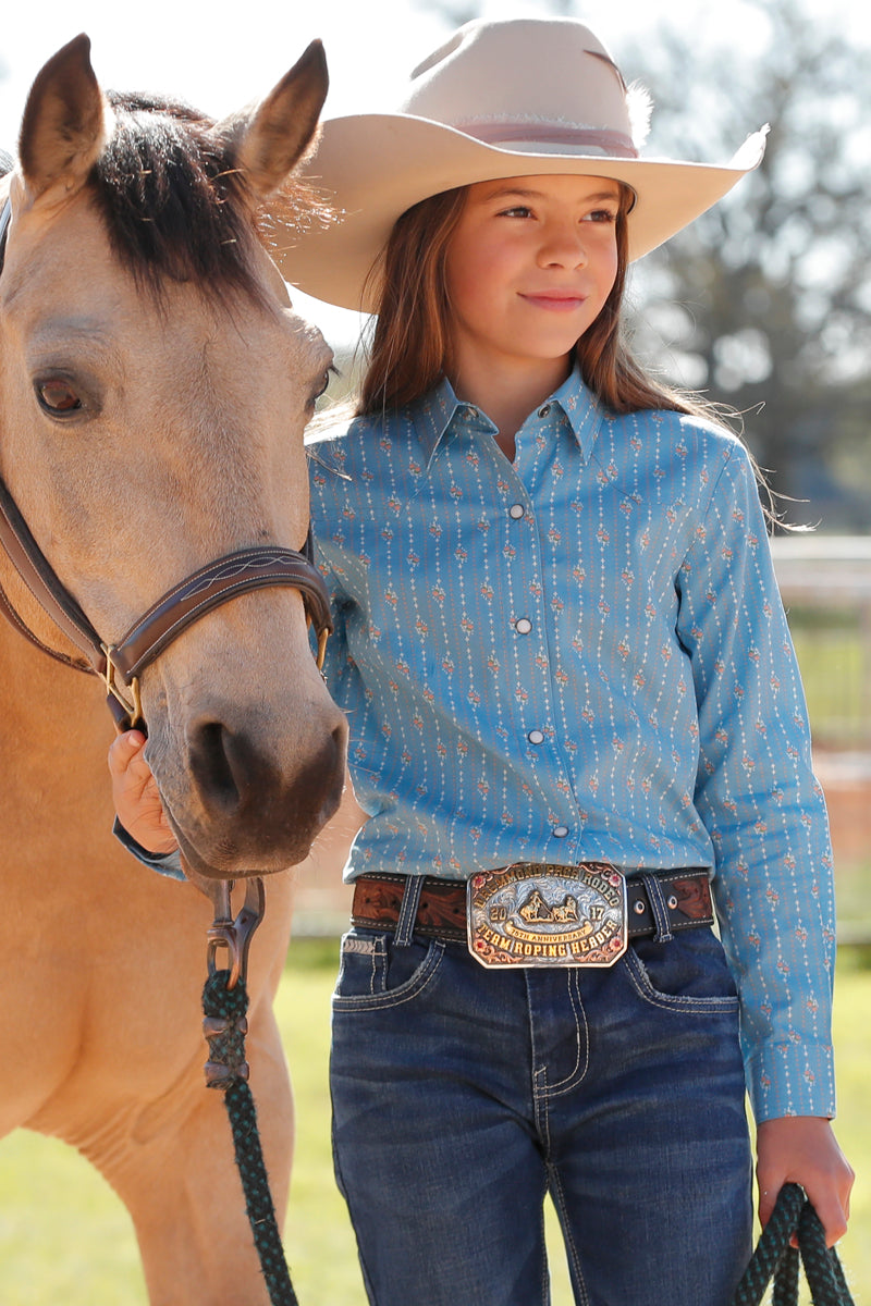 Cruel Girl's L/S Floral Stripe Western Snap Shirt in Light Blue