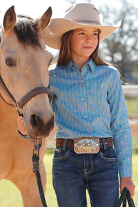 Cruel Girl's L/S Floral Stripe Western Snap Shirt in Light Blue