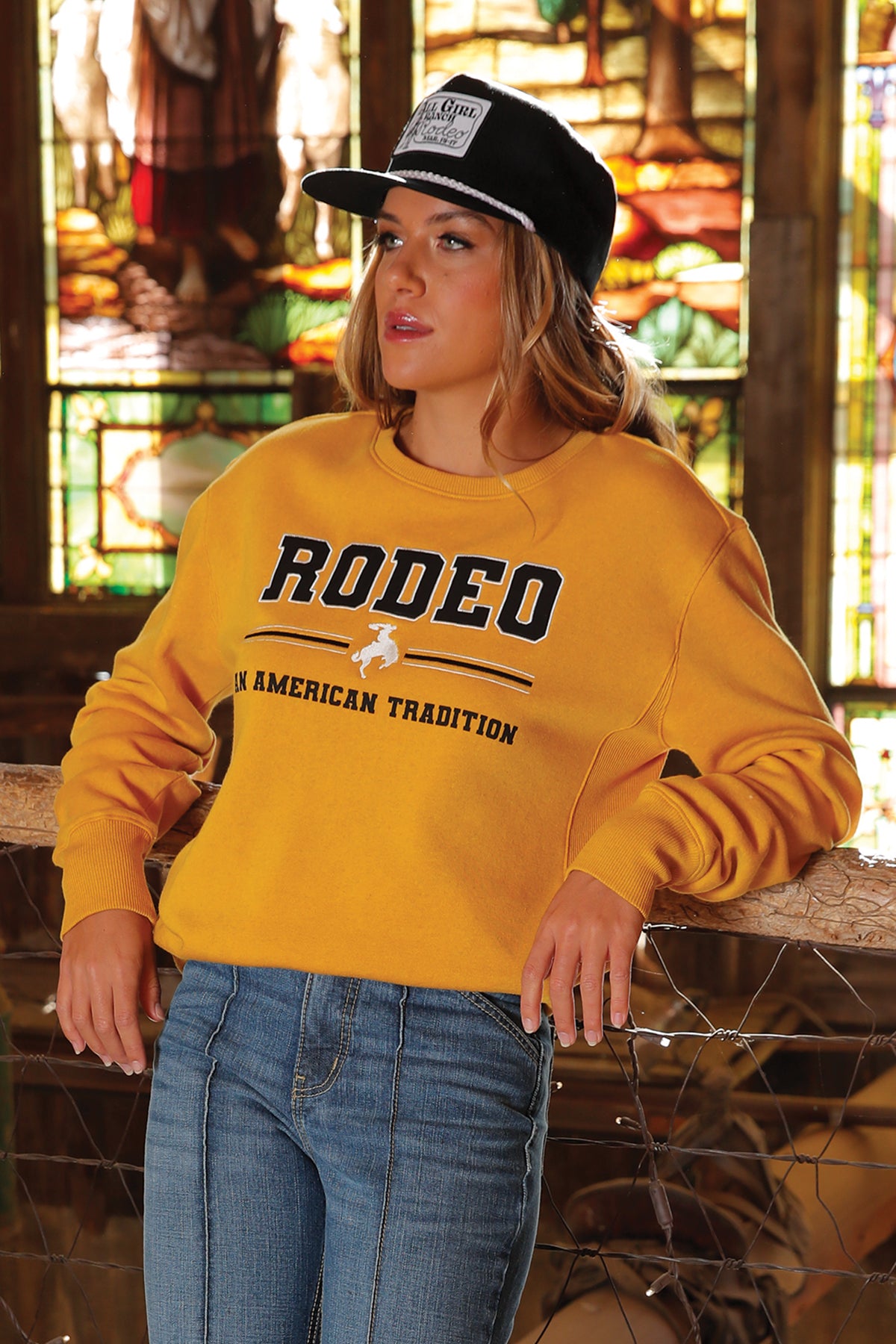 Cruel Women's Rodeo Embroidered Crewneck Sweatshirt in Yellow