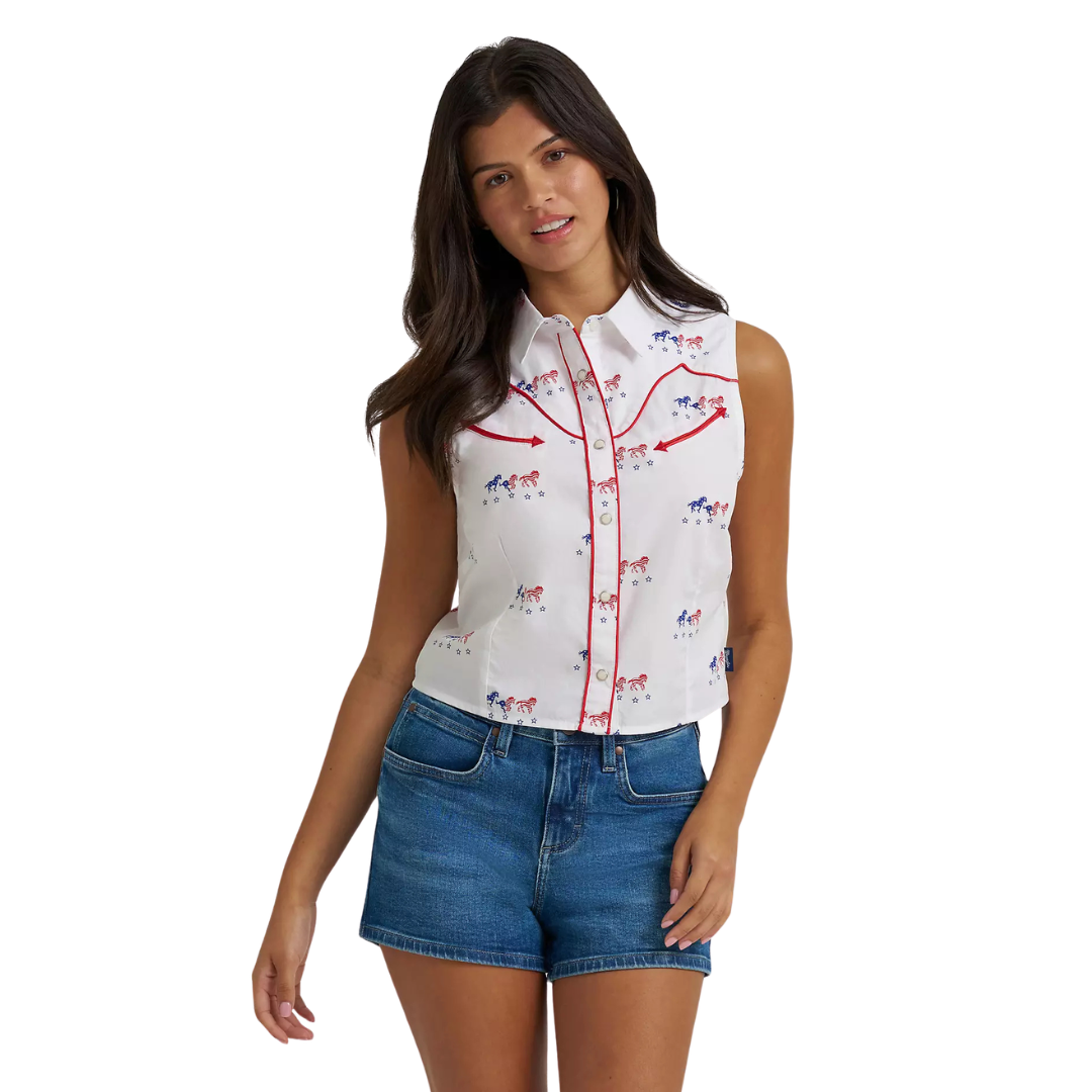 Wrangler Retro Women's Sleeveless Americana Western Snap Shirt in White