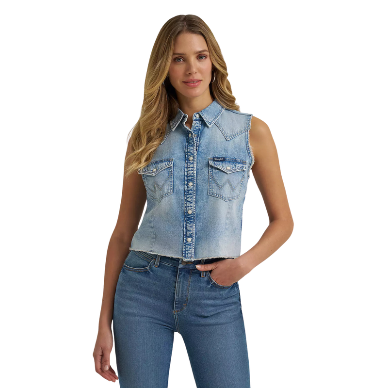 Wrangler Retro Women's Frayed Hem Sleeveless Denim Snap Shirt in Light Denim
