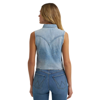 Wrangler Retro Women's Frayed Hem Sleeveless Denim Snap Shirt in Light Denim