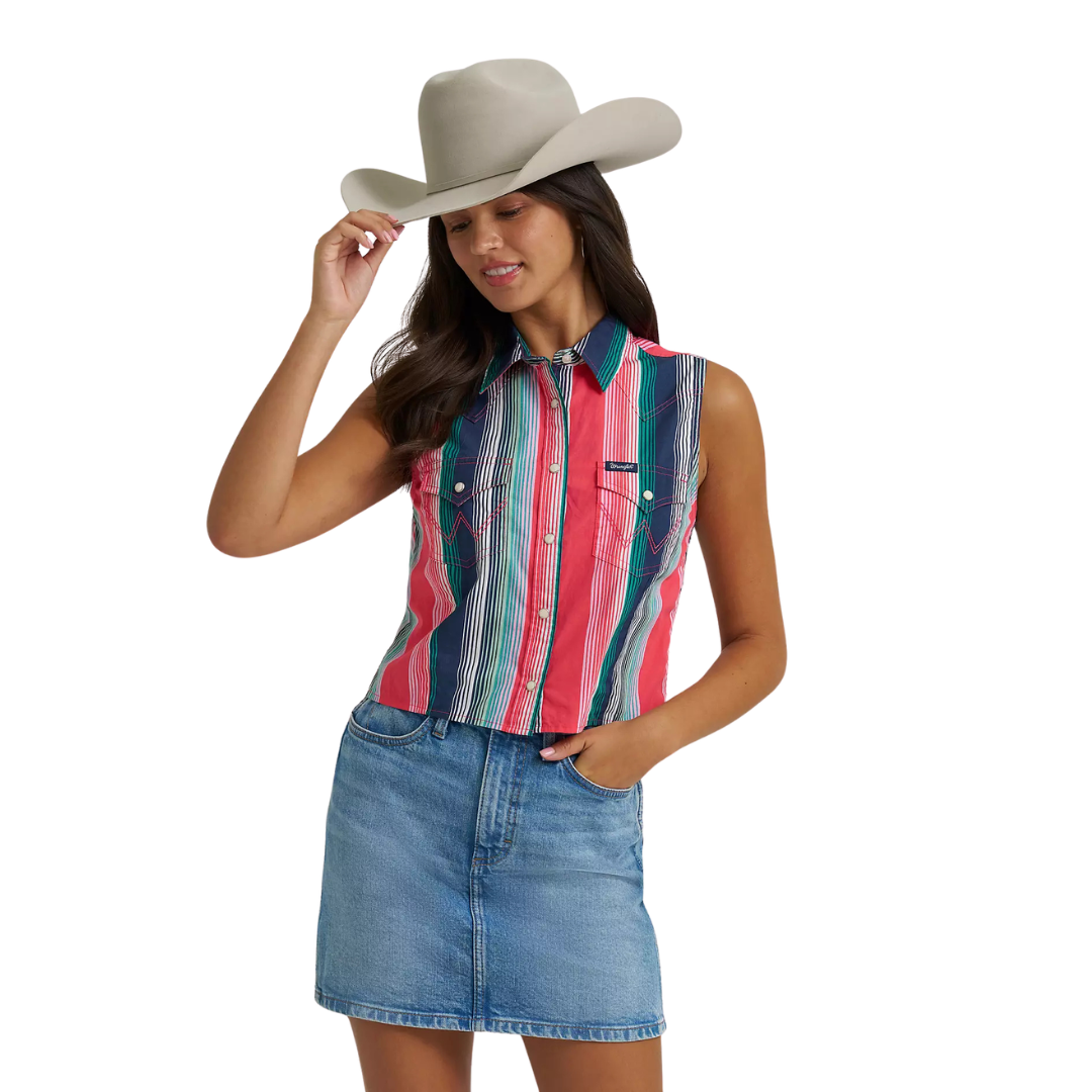 Wrangler Retro Women's Striped Sleeveless Snap Shirt in Pink