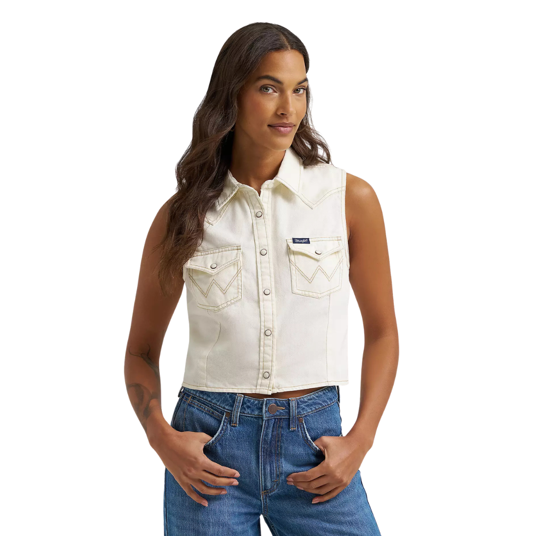 Wrangler Retro Women's Sleeveless Denim Snap Shirt in White