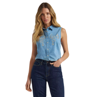 Wrangler Retro Women's Saddle Embroidered Denim Sleeveless Snap Shirt in Light Denim
