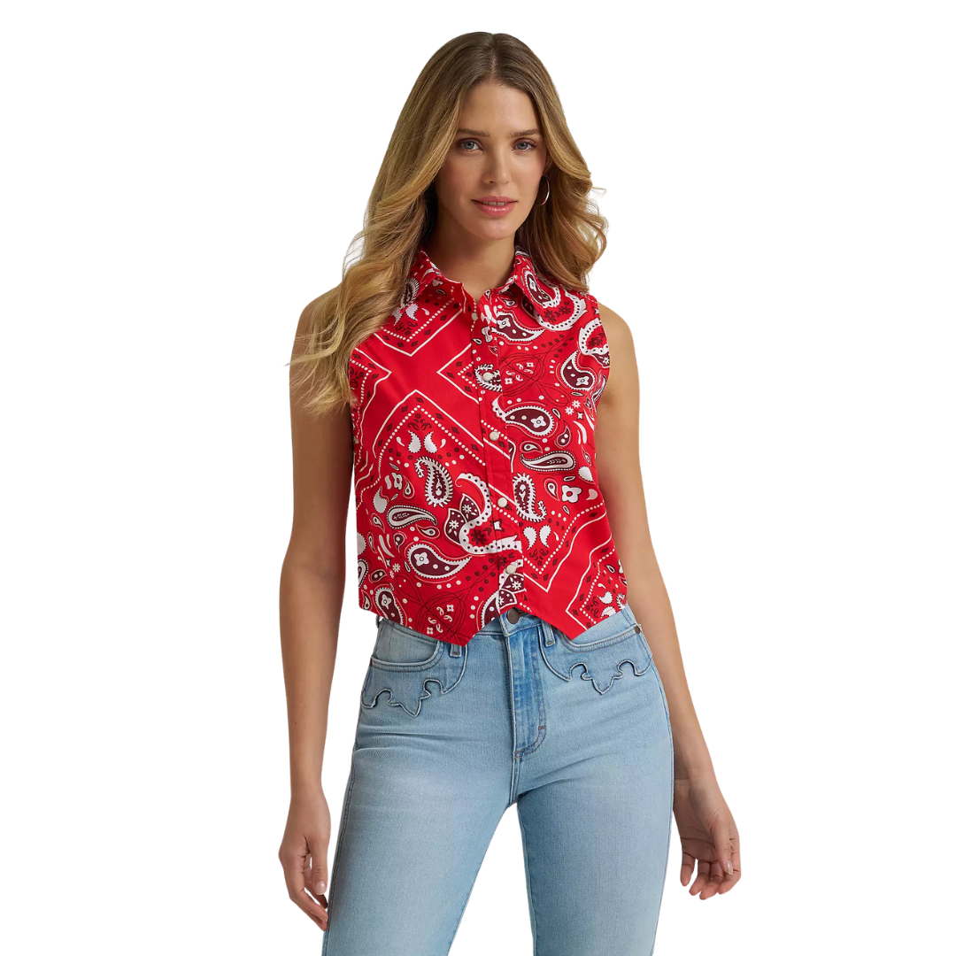 Wrangler Retro Women's Bandana Print Sleeveless Snap Shirt in Red