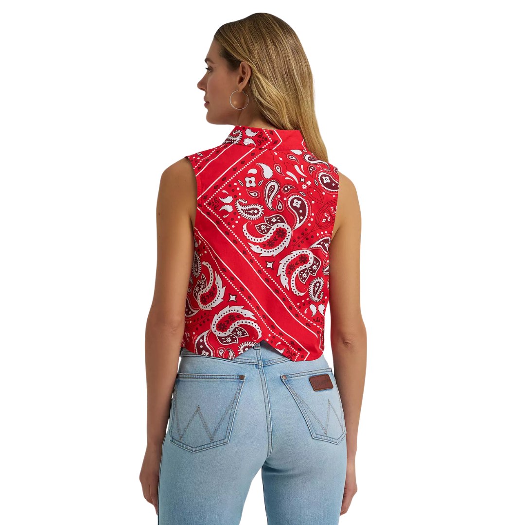 Wrangler Retro Women's Bandana Print Sleeveless Snap Shirt in Red