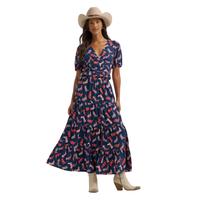 Wrangler Women's Printed Tiered Maxi Skirt in Navy Blue