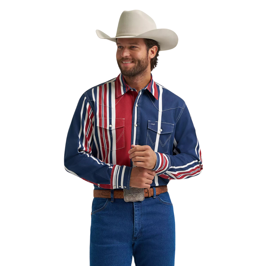 Wrangler Men's L/S Vintage Inspired Brushpopper Western Snap Work Shirt in Americana