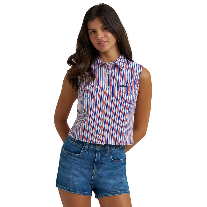 Wrangler Retro Women's Striped Sleeveless Snap Shirt in Blue Stripe