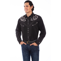 Scully Men's Horseshoe Roses Embroidered Western Snap Shirt in Black