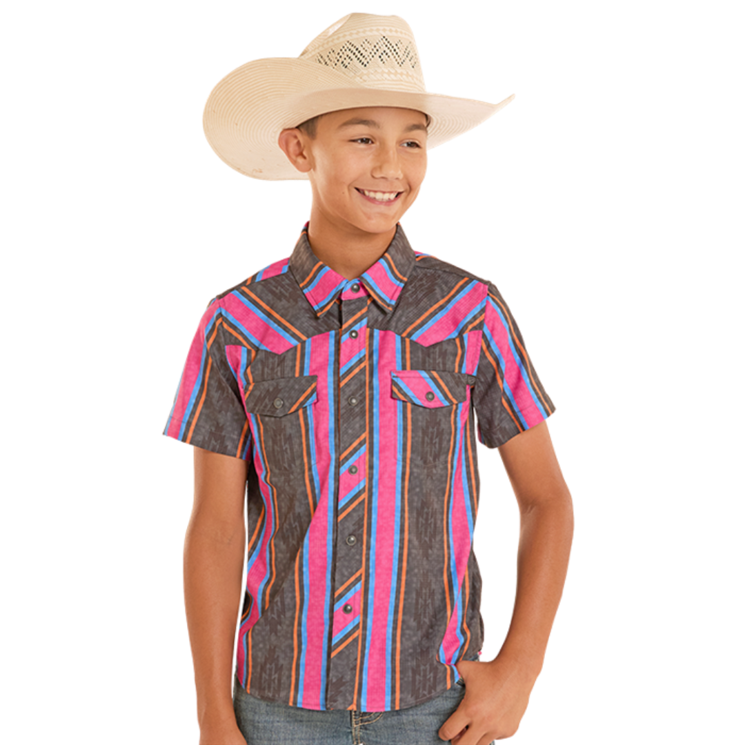 Rock & Roll Denim Boy's S/S TEK Western Pearl Snap Shirt in Ripstop Stripes