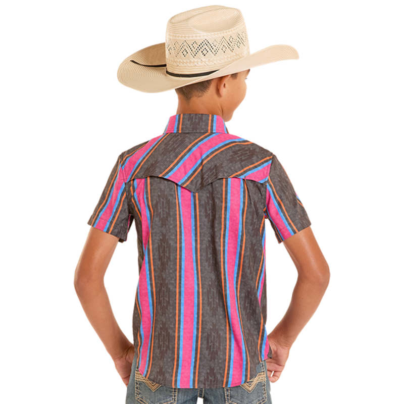 Rock & Roll Denim Boy's S/S TEK Western Pearl Snap Shirt in Ripstop Stripes