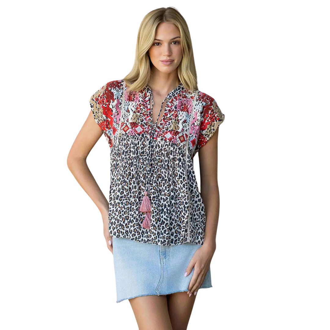 Women's Leopard Print Embroidered Top in Beige