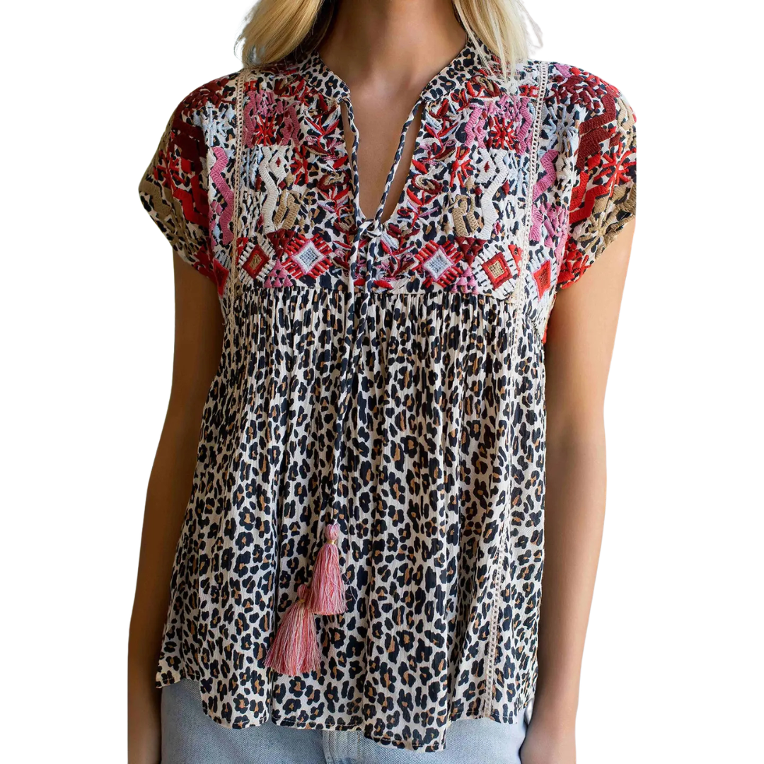 Women's Leopard Print Embroidered Top in Beige