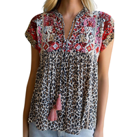 Women's Leopard Print Embroidered Top in Beige