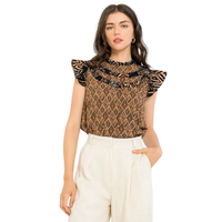 Women's High Neck Paisley Ruffle Sleeve Top in Brown