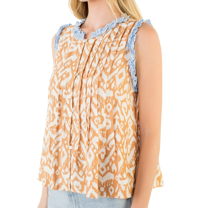 Women's High Neck Ruffle Sleeve Abstract Button Down Top in Beige