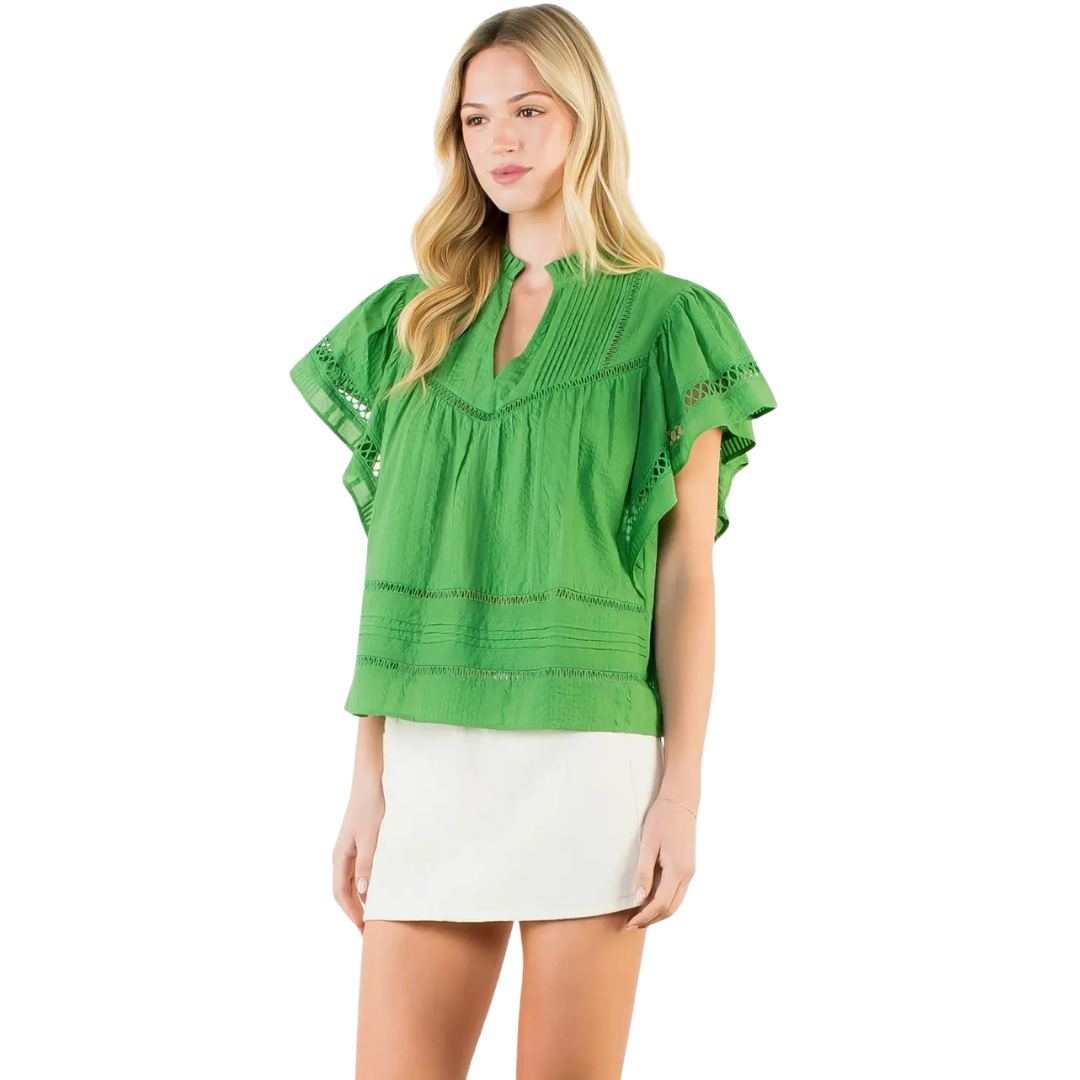 Women's Short Sleeve V-Neck Top in Green