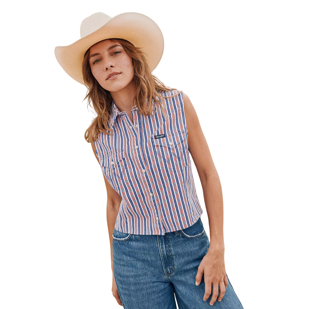 Wrangler Retro Women's Striped Sleeveless Snap Shirt in Blue Stripe