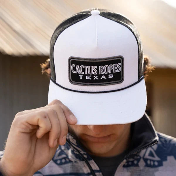 Hooey "Cactus Ropes Texas" Rope Trucker Hat in White & Black