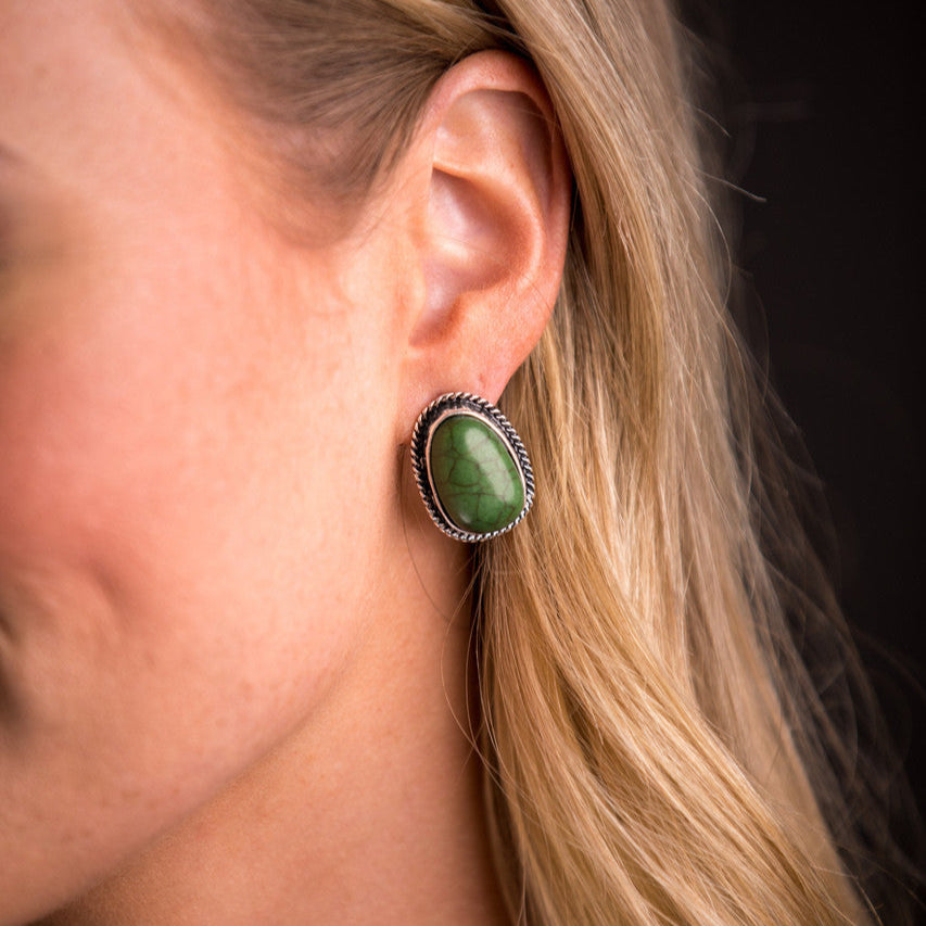 West & Co. Burnished Silver Rope Bordered Green Stone Post Earrings