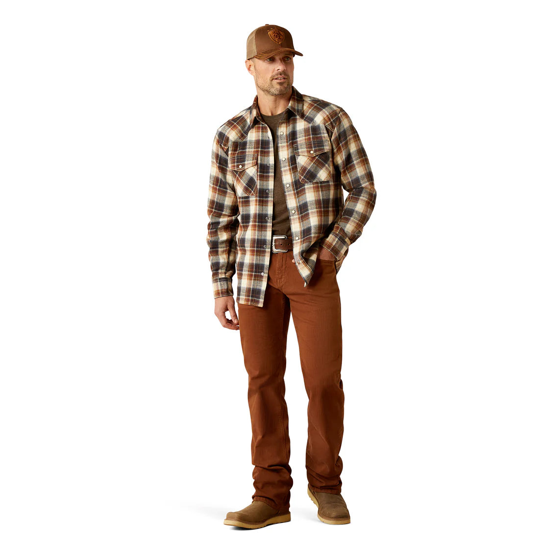 Ariat Men's Harford L/S Retro Fit Western Snap Shirt in Black Brown Plaid