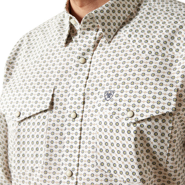 Ariat Men's L/S Fenn Classic Fit Medallion Print Western Snap Shirt in White