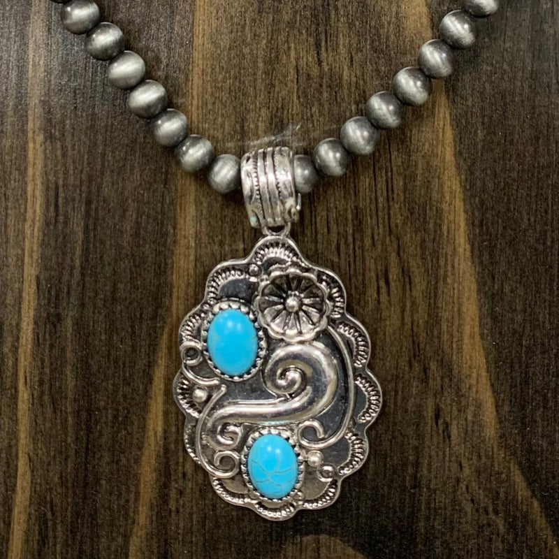 Western Sanderson Navajo Pearl and Turquoise Silver Tone Necklace