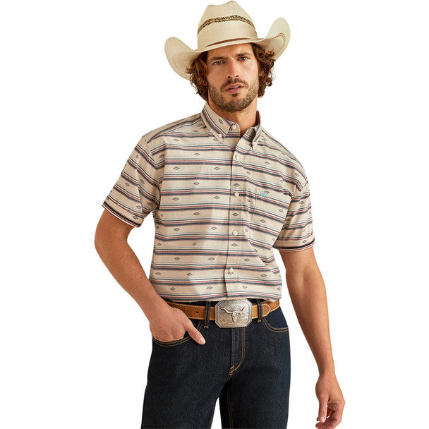 Ariat Men's S/S Striped Gary Classic Fit Western Button Down Shirt in Cream