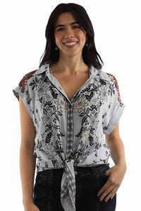 Scully Women's Short Sleeve Tie Front Blouse in Blue