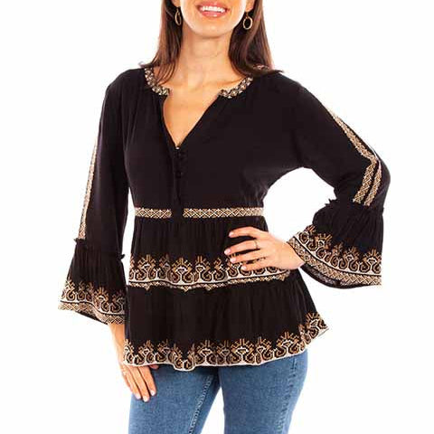 Honey Creek by Scully Women's L/S Ruffled Aztec Embroidered Blouse in Black