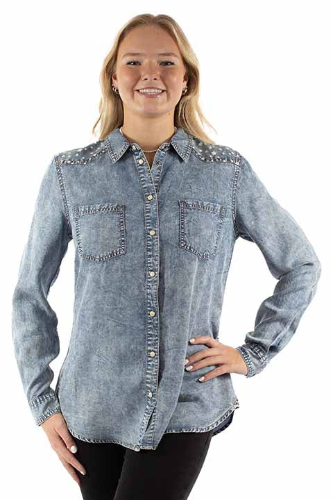 Honey Creek By Scully Women's Patriotic Western Snap Shirt in Denim Blue