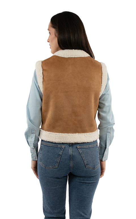 Scully Honey Creek Women's Floral Embroidered Faux Sherpa Vest in Tan