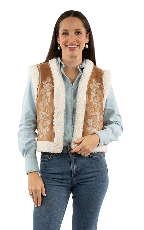 Scully Honey Creek Women's Floral Embroidered Faux Sherpa Vest in Tan