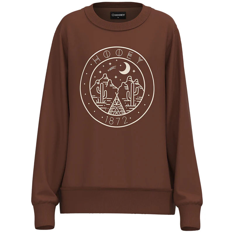 Hooey Women's L/S "Stallion" Circle Logo Crewneck in Brown Out
