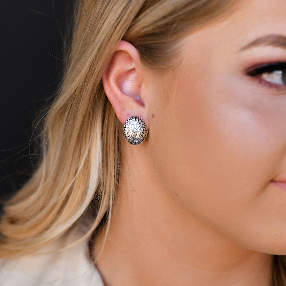 West & Co. Small Silver Floral Stamped Concho Post Earrings