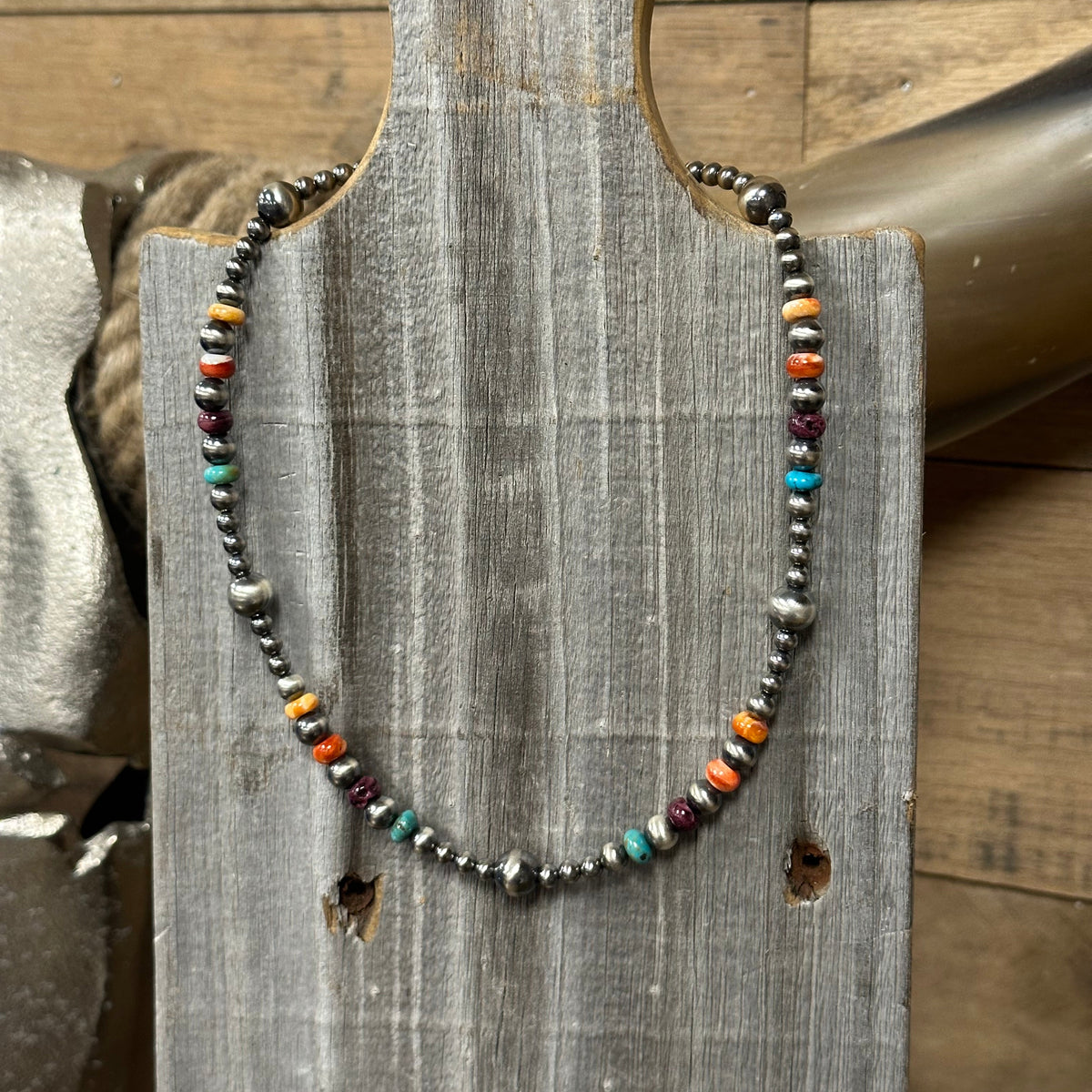 Thunder & Stone 14" Kingman Turquoise, Spiny Oyster, & Navajo Style Pearl Choker