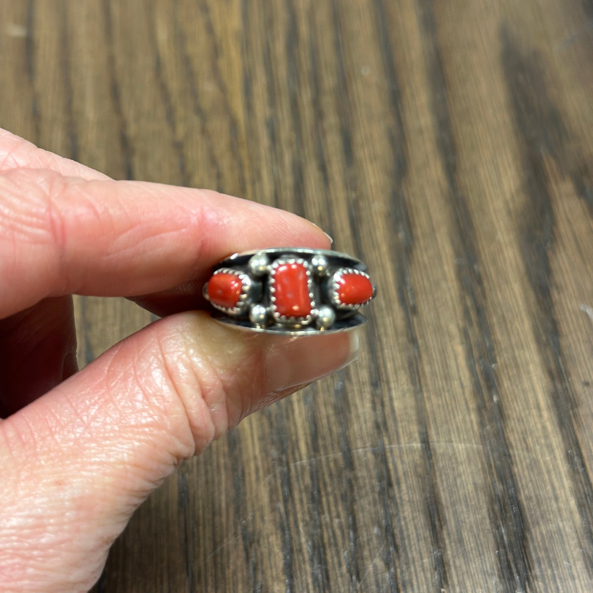 Reed Charley Navajo Handmade Sterling Silver Red Coral Ring (Size 9.5)