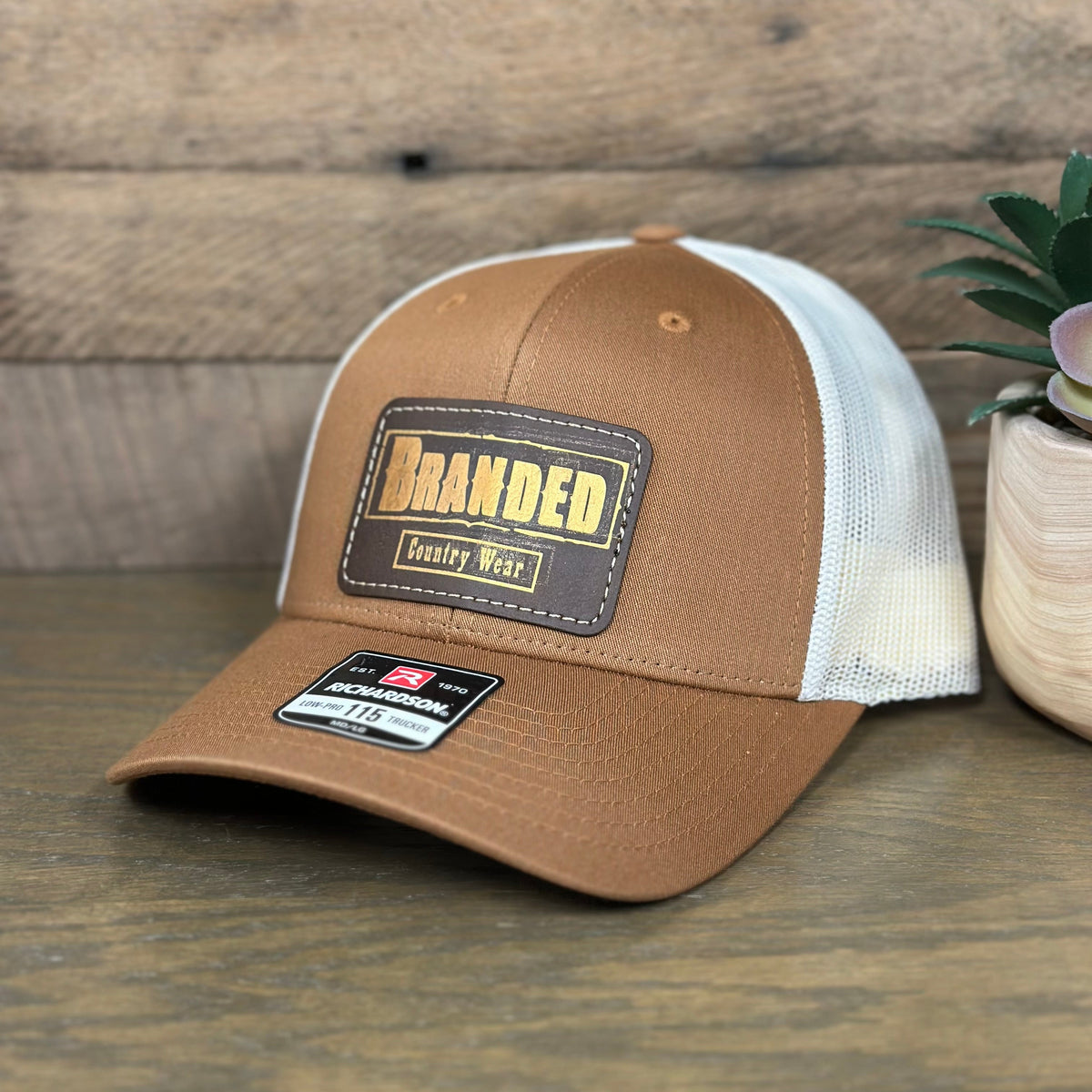 Branded Country Wear Leather Logo Patch Trucker Hat in Carmel & Birch