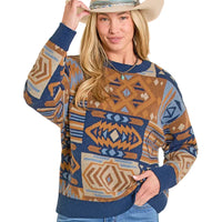 Panhandle Slim Women's Aztec Patchwork Oversized Sweater in Navy