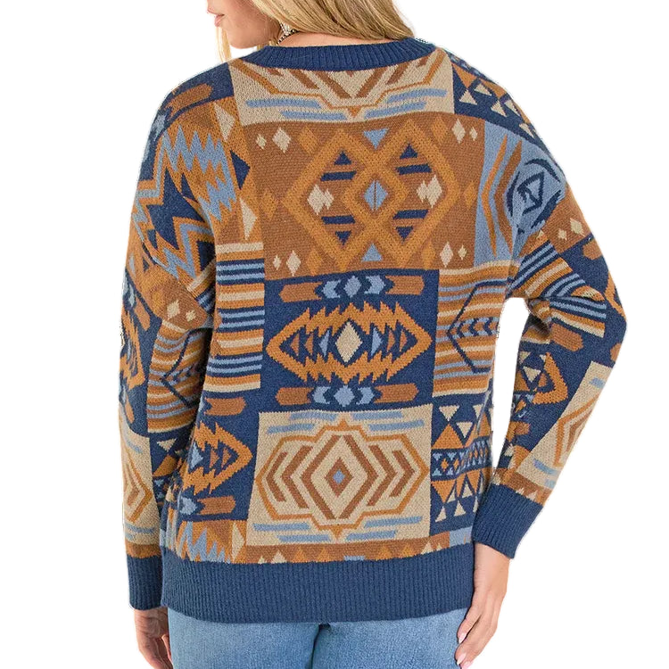 Panhandle Slim Women's Aztec Patchwork Oversized Sweater in Navy